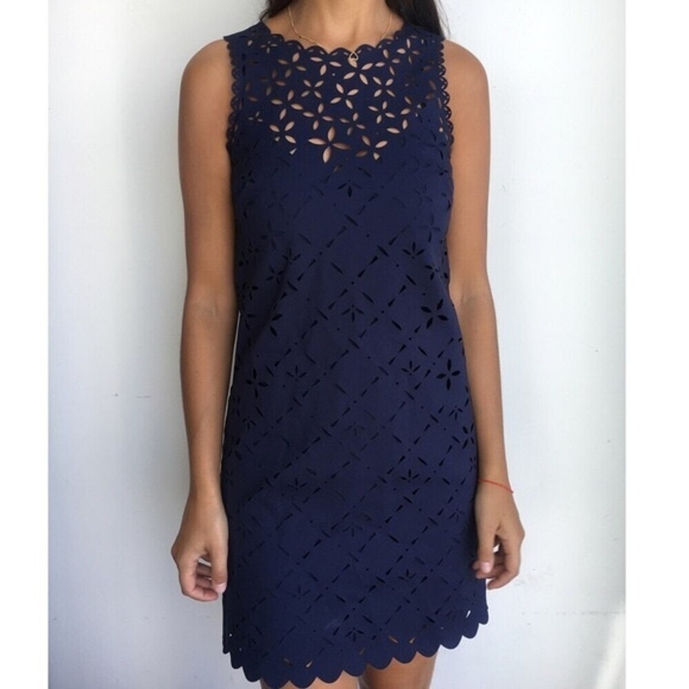 J.Crew Laser Cut Floral Navy Blue Sleeveless Shift Scallop Dress Size 4